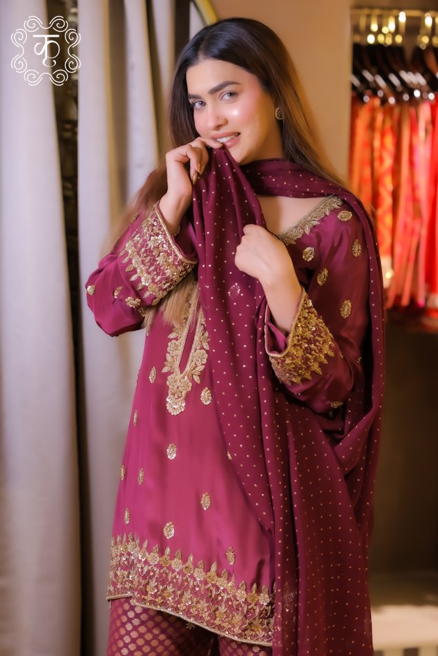 Wine luxury designer sharara suit with gold embroidered details