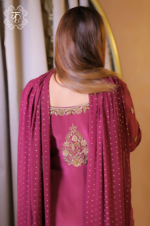 Wine embroidered designer sharara suit set with dupatta