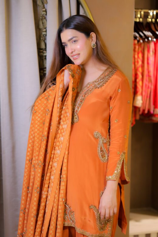 Orange designer ethnic suit set with embroidered kurta and dupatta