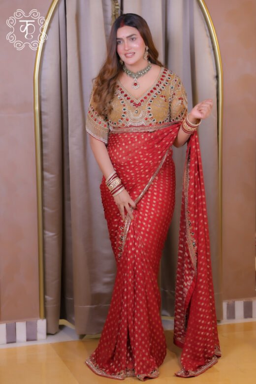 : Red luxury designer saree with gold motifs and embroidered blouse