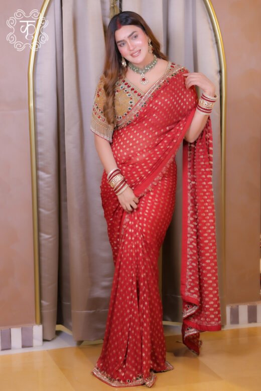 Red gold embroidered designer saree with detailed blouse
