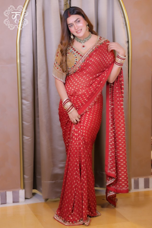 Red gold embroidered designer saree with detailed blouse
