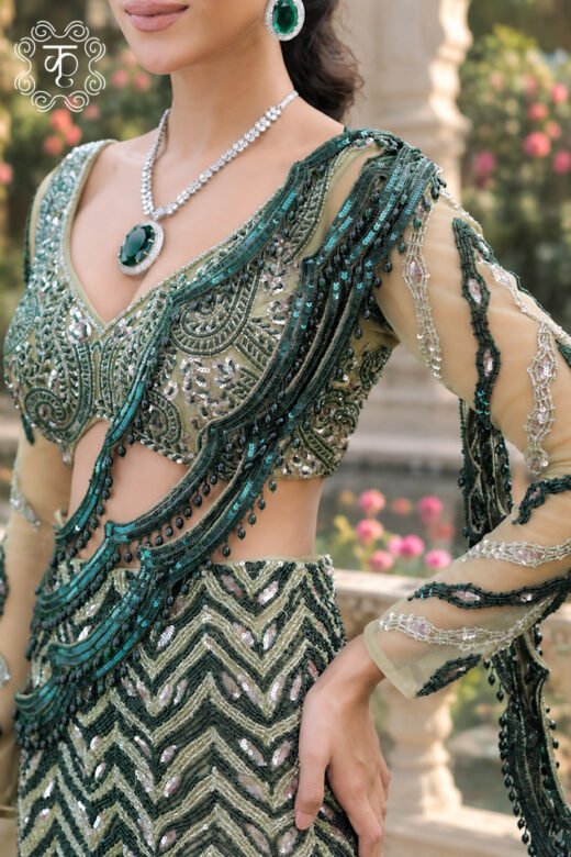 Green sequin wedding lehenga with embroidered blouse and dupatta