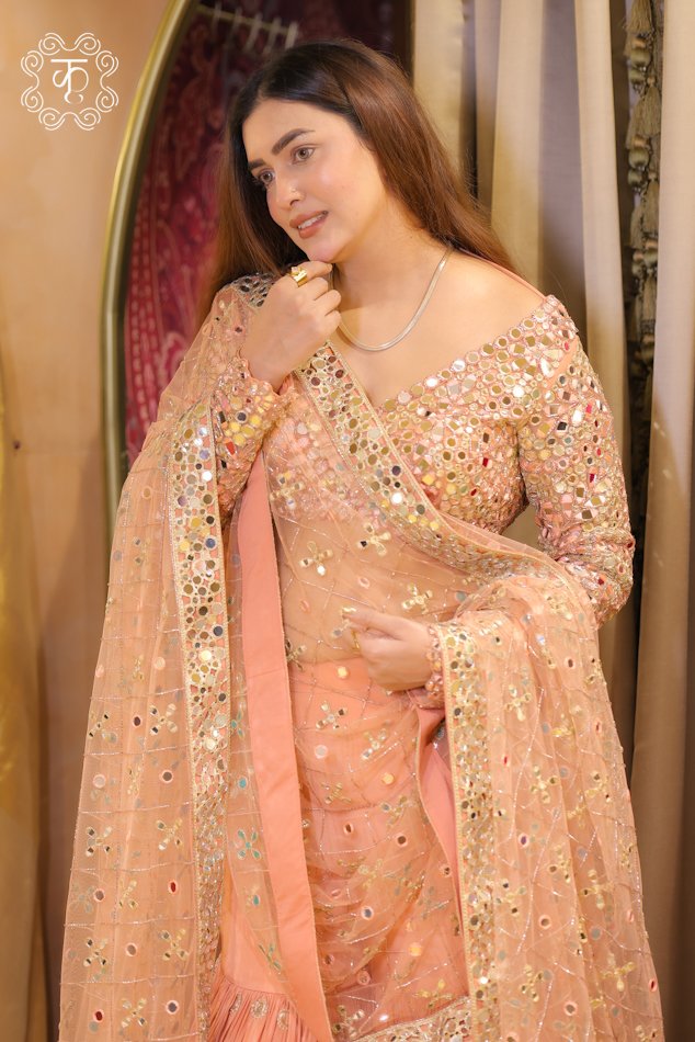Peach Mirror Work Lehenga Set with Embroidered Net Dupatta - Image 3
