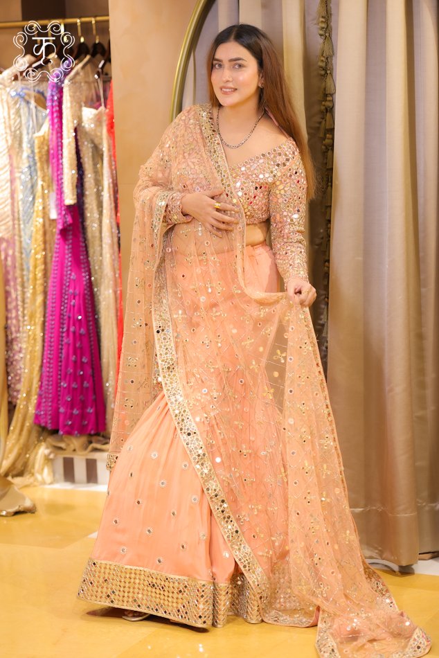 Peach Mirror Work Lehenga Set with Embroidered Net Dupatta - Image 2